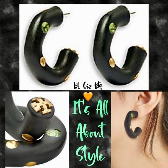 Tory Burch Authentic Roxanne Black Resin & Colorful Glass Crystal Hoop Earrings
